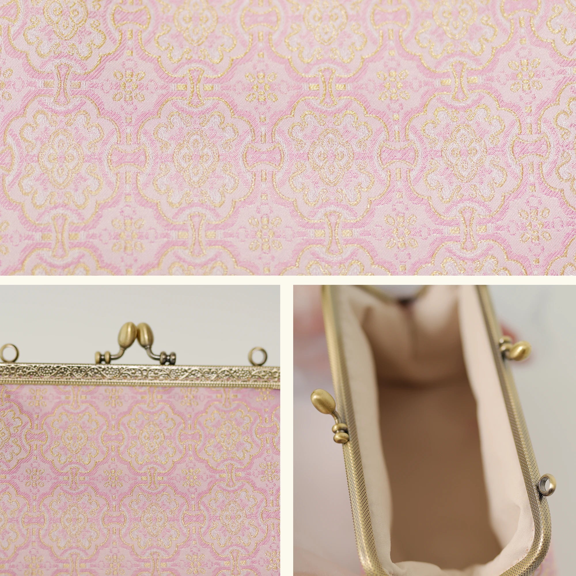 Luxury Chinese Pink Song Brocade Silk Frame Handbag with Dingsheng Motif