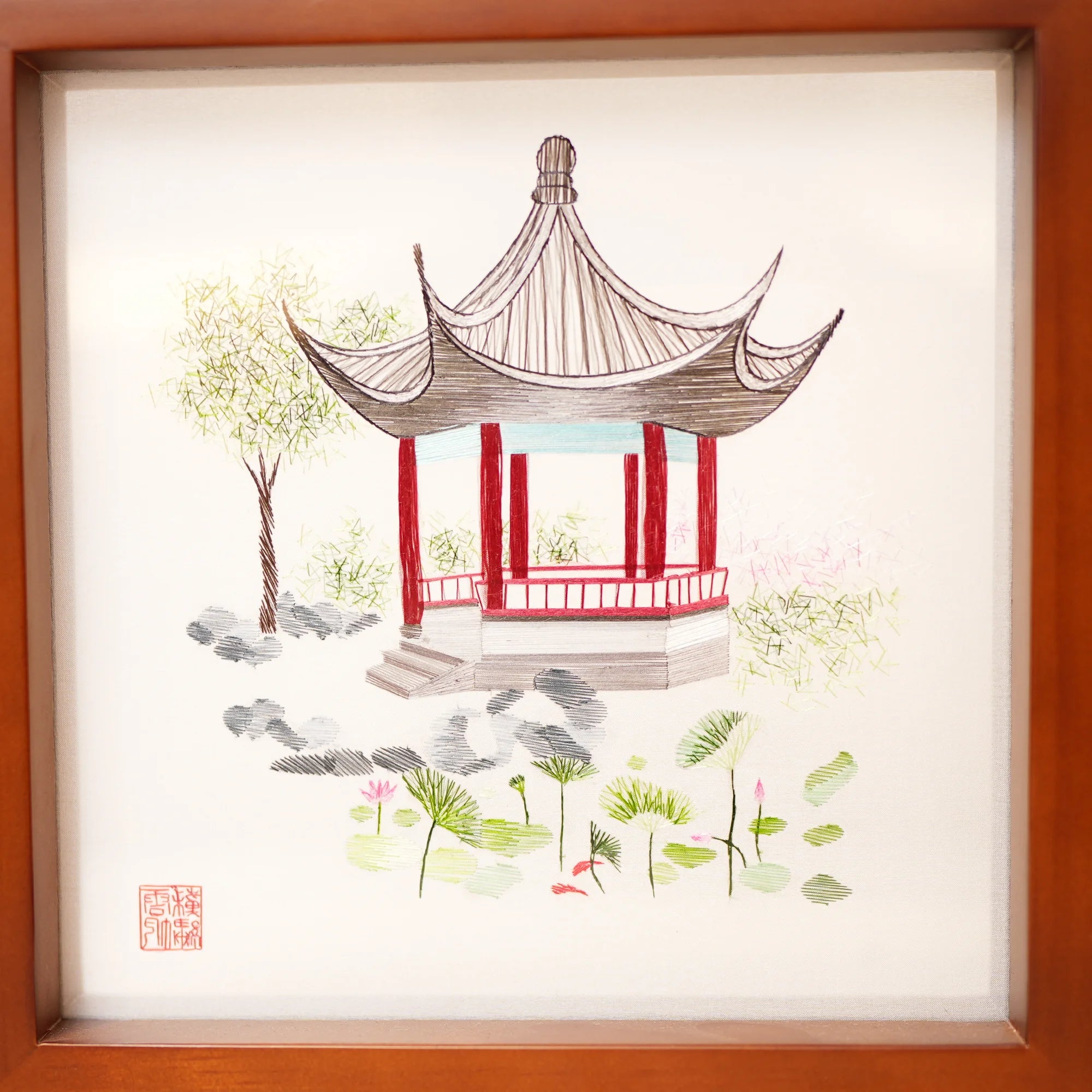 Master Handcrafted Suzhou Double-Sided Embroidery Ornament — Lotus Pavilion Garden Scene
