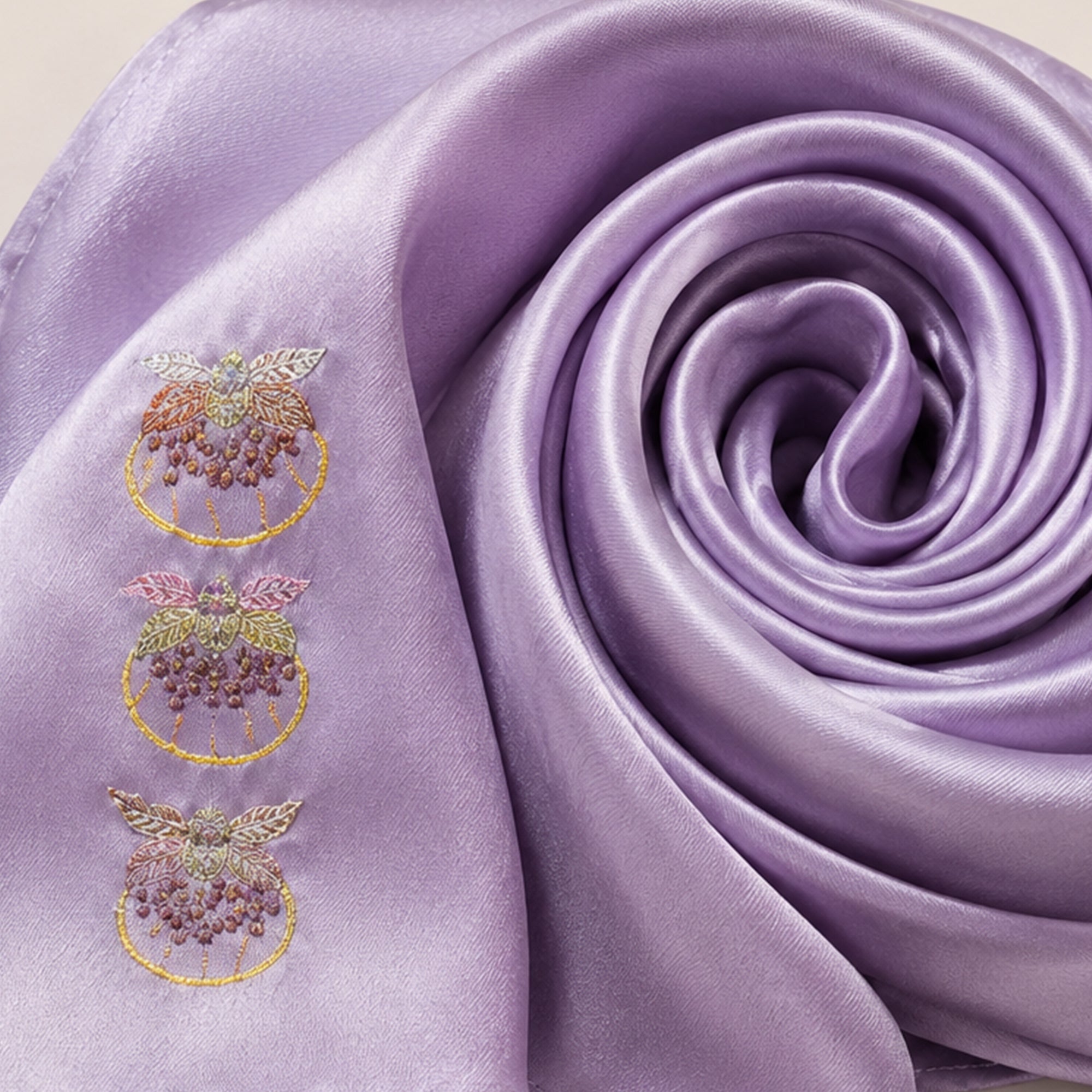 Heritage Persimmon Motif Su Embroidery Mulberry Silk Scarf — "Lunar Harvest"