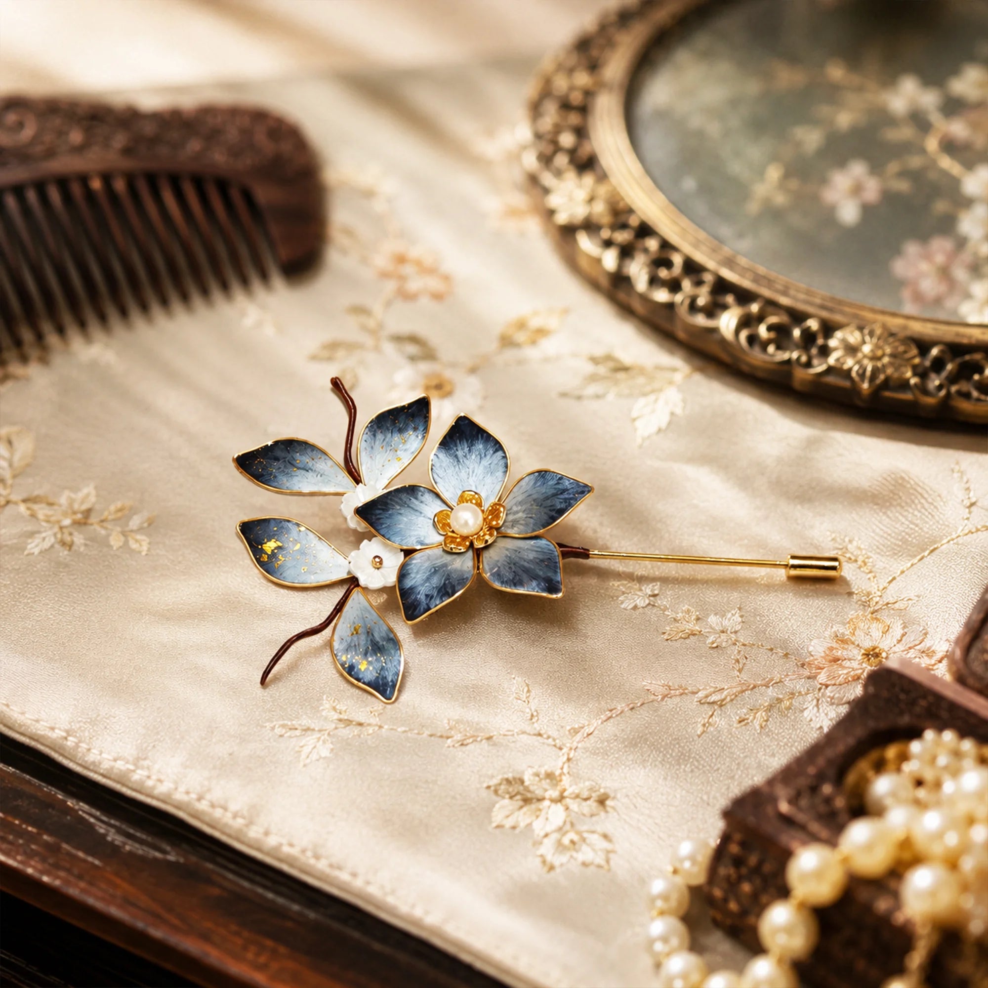 Heritage Ronghua Lily Hair Pin & Brooch Handcrafted Enamel Floral with Pearl Center