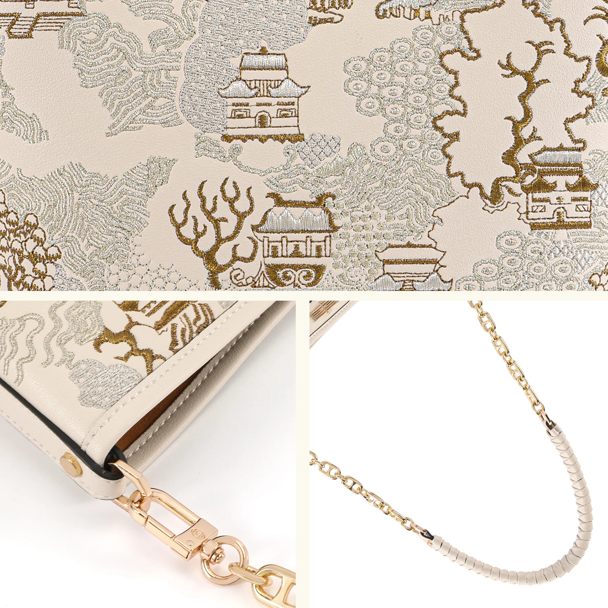 Chinese Style Oriental Print Bucket Bag with Chain-Trimmed Leather Strap