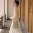 Carica l'immagine nel visualizzatore della galleria, SinoCrafted Crane and Deer Song brocade bucket bag in mulberry silk with genuine leather trim
