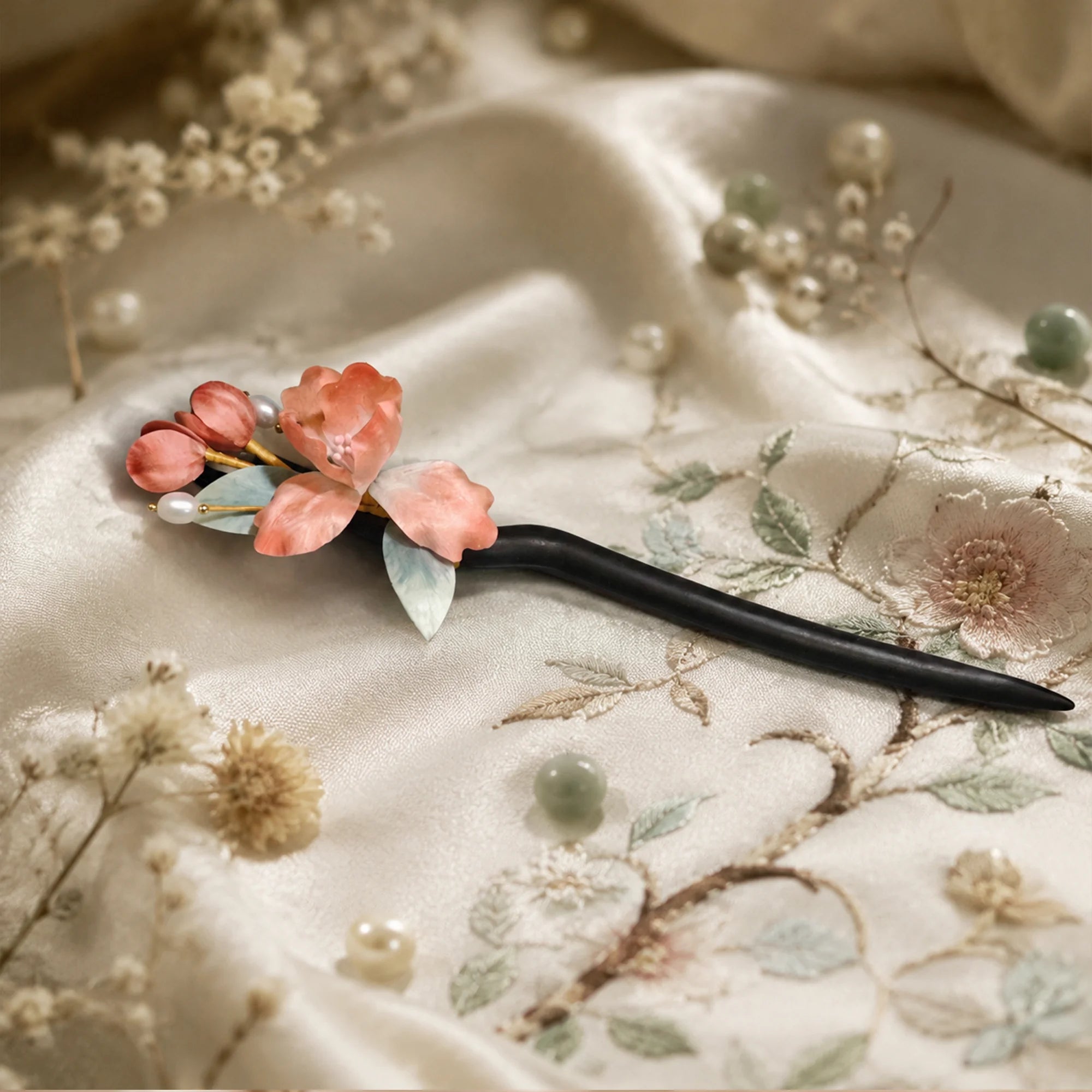 Heritage Ronghua Pink Iris Hair Pin Handcrafted Silk Blossom with Pearl Accents