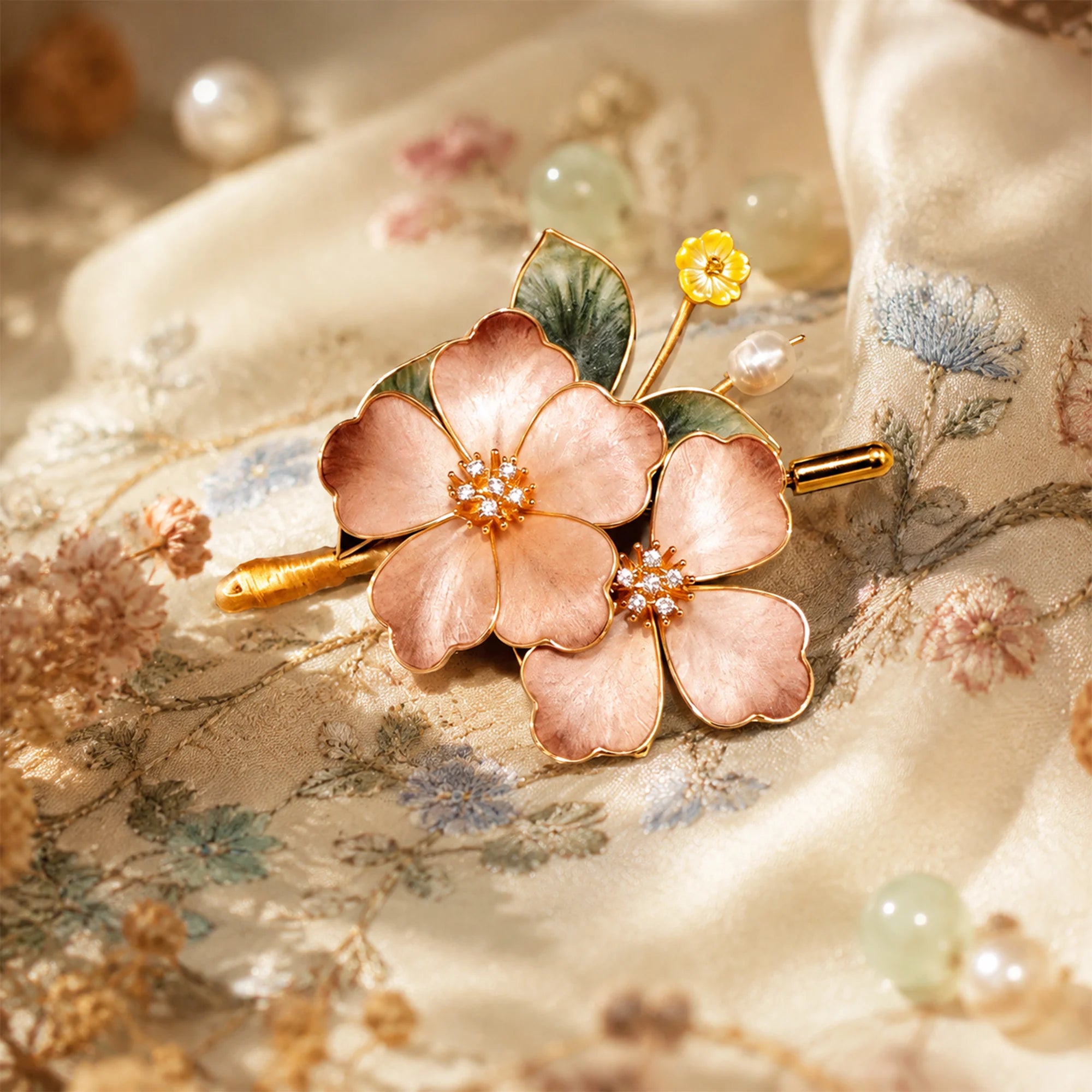 Heritage Ronghua Pink Brooch Handcrafted Enamel Floral Pin with Pearl Drop