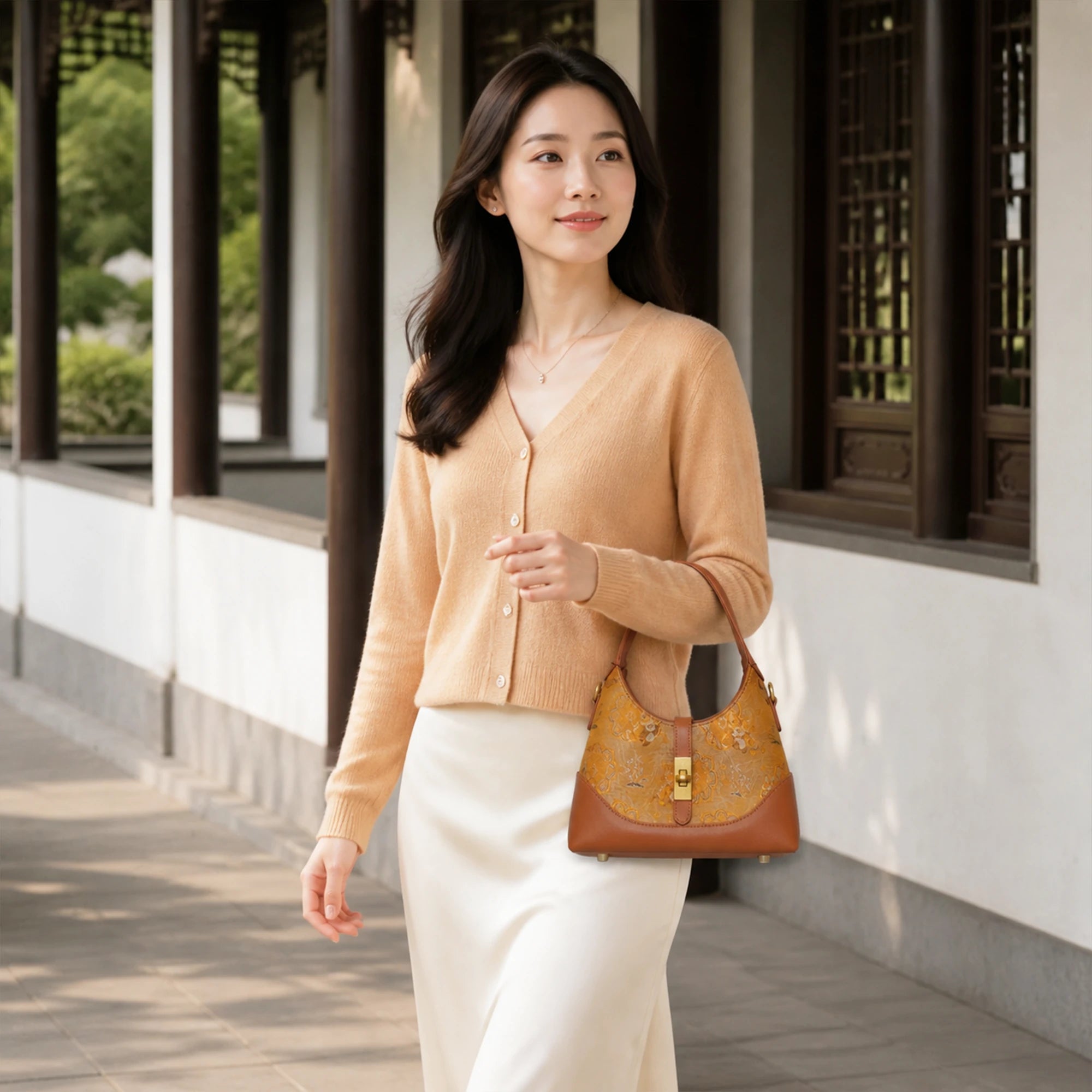 Chinoiserie Luxury Song Brocade Golden Panda Lion Dance Leather Shoulder Bag