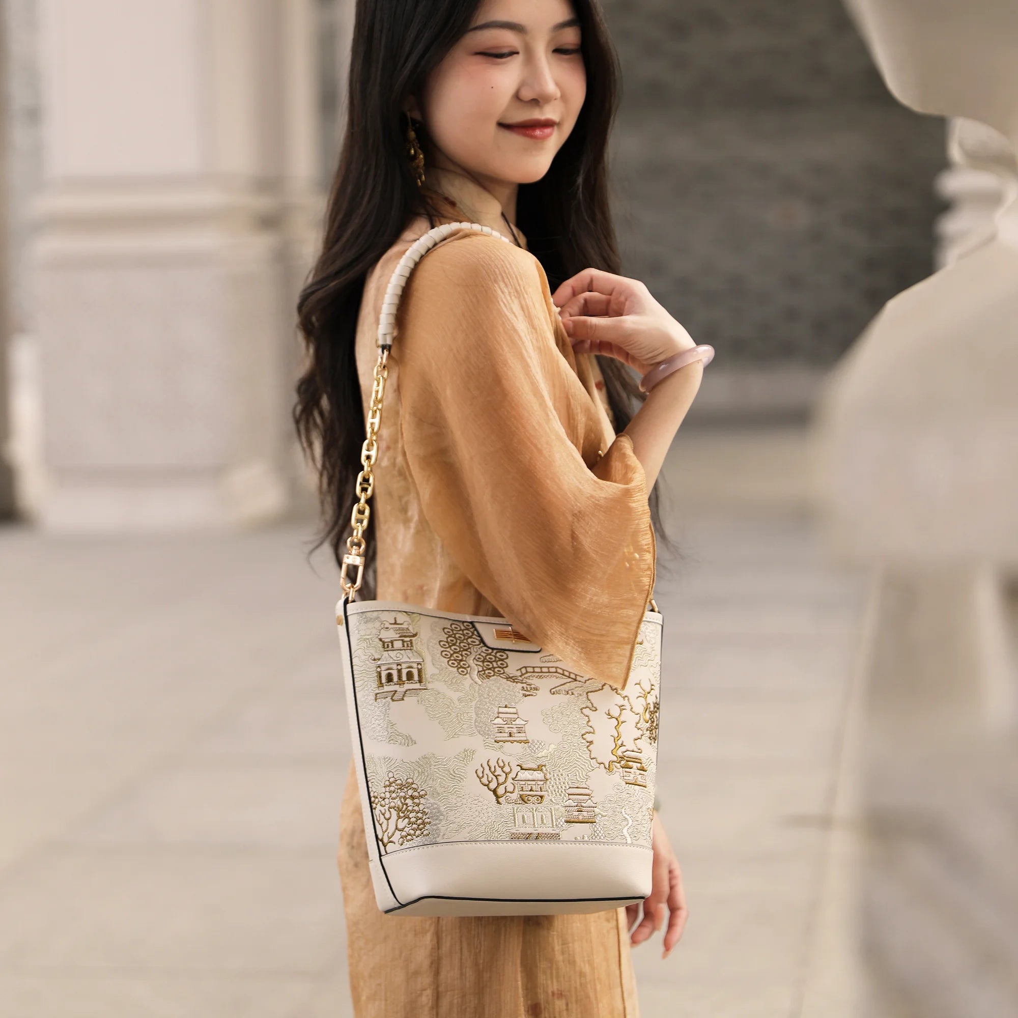 Chinese Style Oriental Print Bucket Bag with Chain-Trimmed Leather Strap