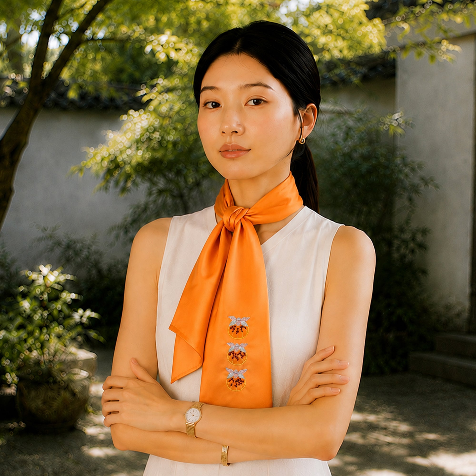 Luxury Handcrafted Suzhou Embroidery Mulberry Silk Scarf—Orange Pomegranate Motif