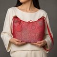 Carica l'immagine nel visualizzatore della galleria, SinoCrafted red Bada Halo Song brocade shoulder bag with genuine leather trim and strap
