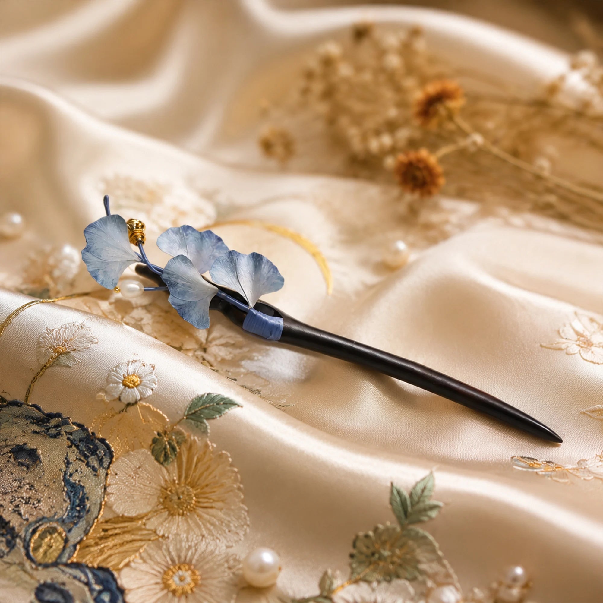 Heritage Handcrafted Ronghua Blue Ginkgo Hair Pin with Pearl Drop