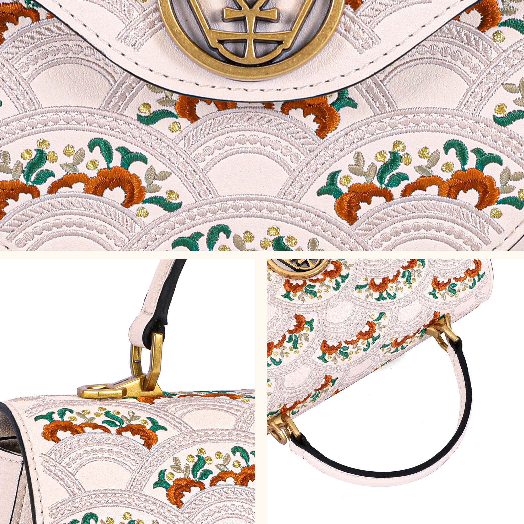 Floral Wave Embroidered Genuine Leather Top Handle Satchel Bag