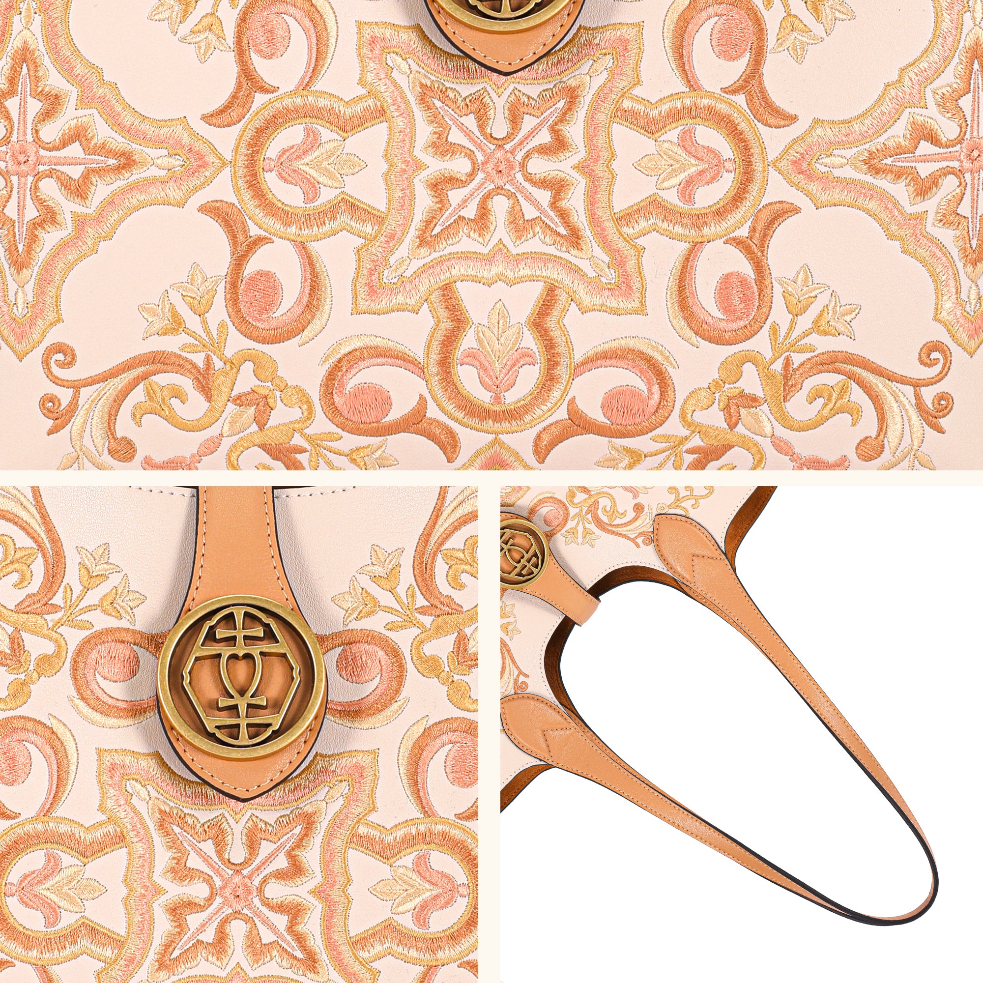 Blush Floral Embroidered Genuine Leather Tote Bag