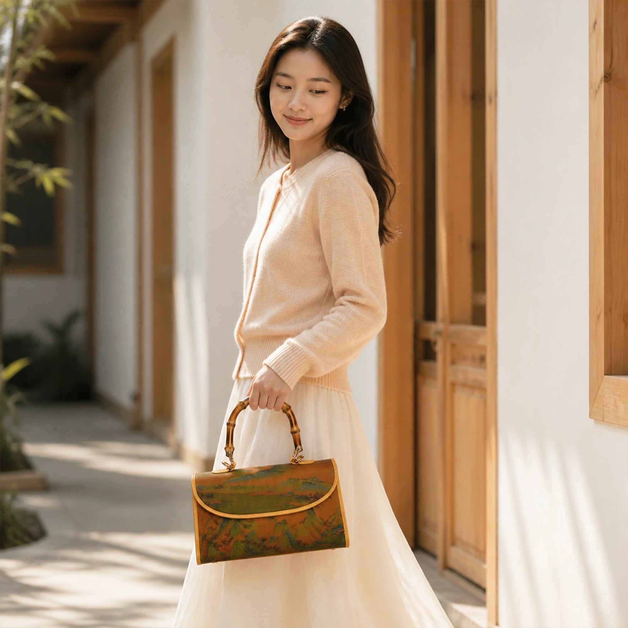 Luxury Chinese Qianli Jiangshan Xiangyun Silk Bamboo Handle Crossbody Bag