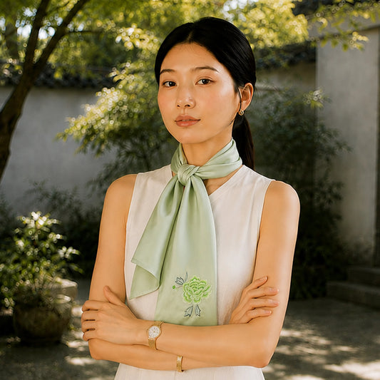 Hand-Embroidered Su Embroidery Mulberry Silk Scarf — "Jade Blossom"