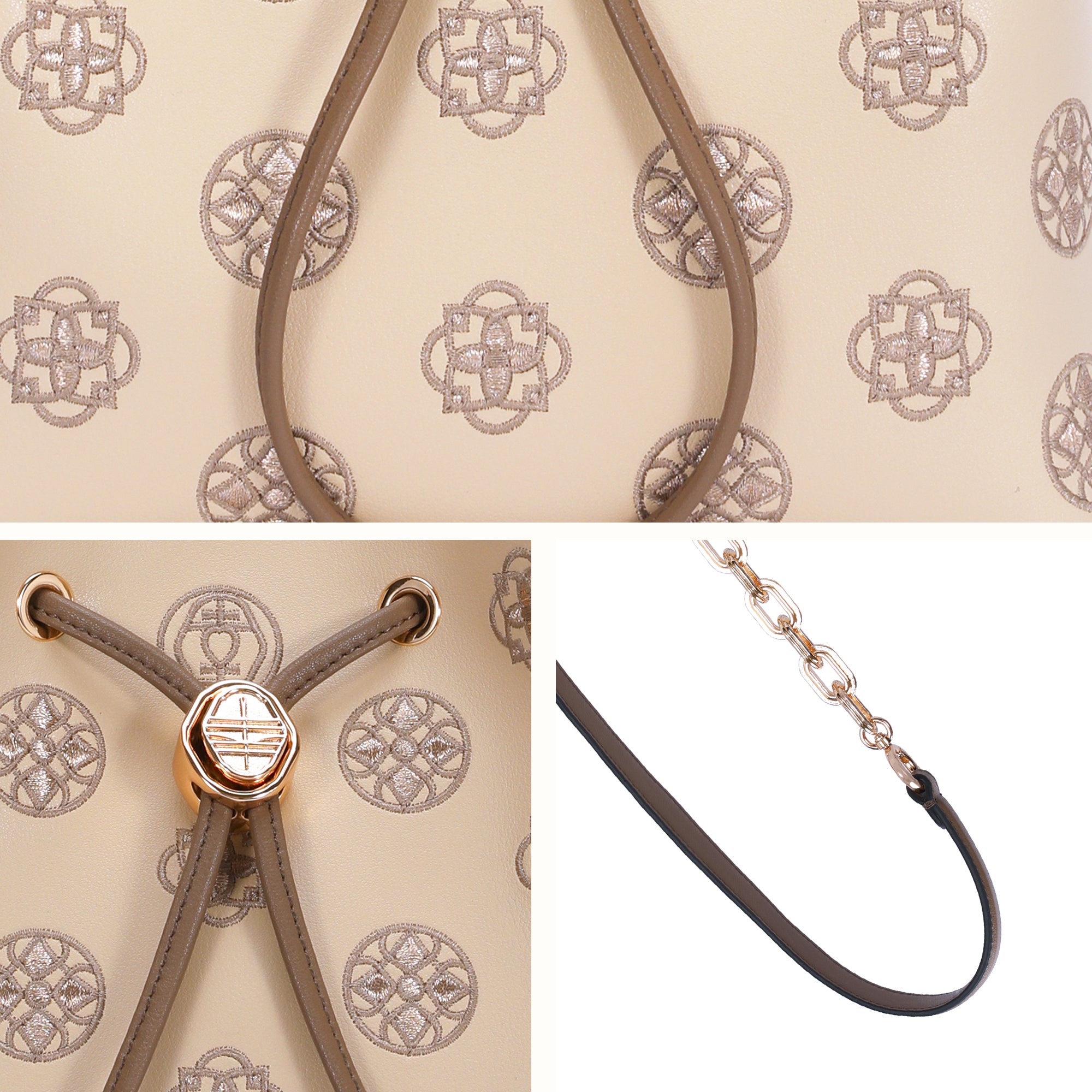 Embroidered Genuine Leather Bucket Bag with Chain Strap
