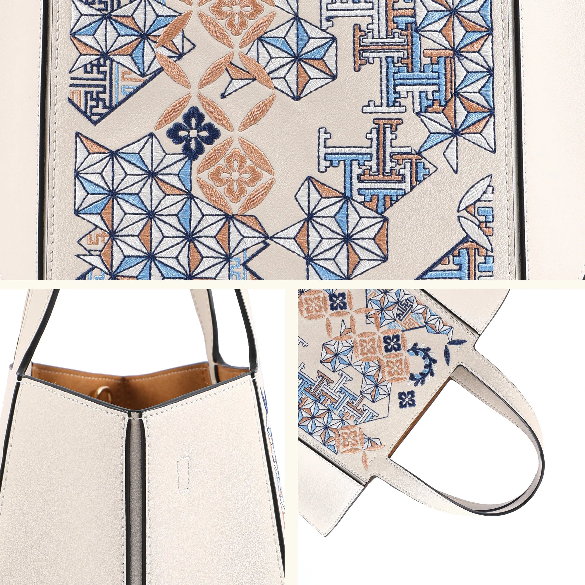 Architectural Geometric Embroidered Genuine Leather Tote Bag