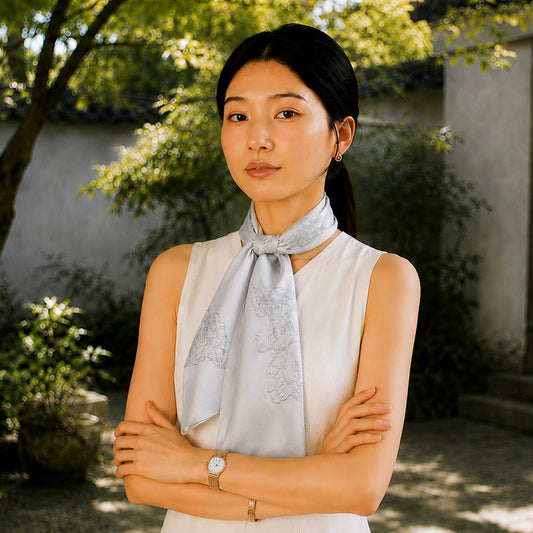 Heritage Lotus Motif Mulberry Silk Scarf — "Still Water"