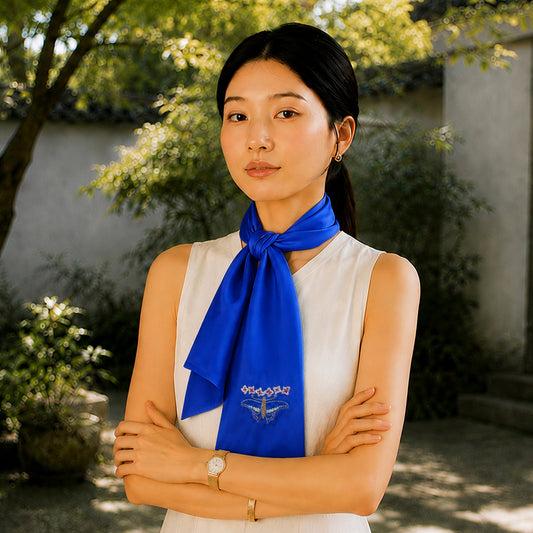Hand-Embroidered Silk Scarf – Blue Elegance with Traditional Chinese Floral Motif