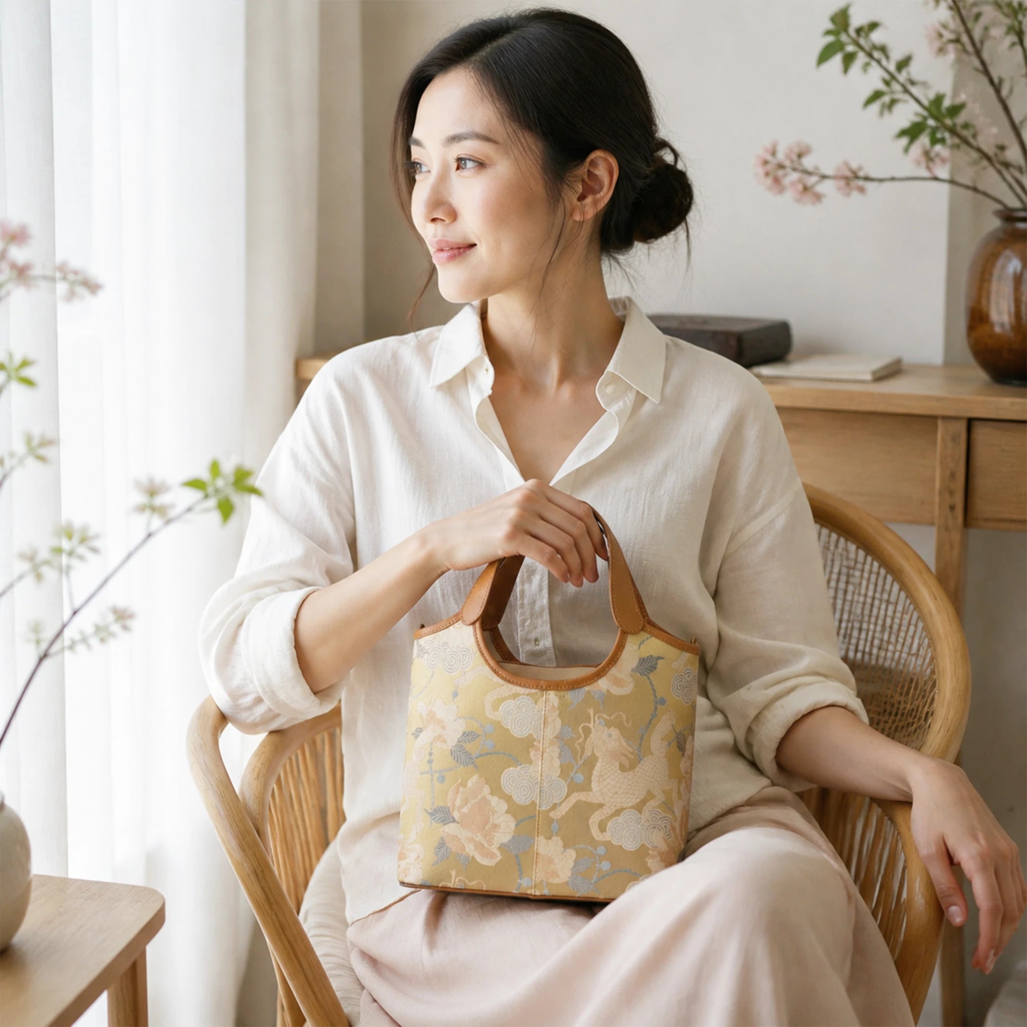 Luxury Song Brocade Golden Qilin Peony Leather Handbag