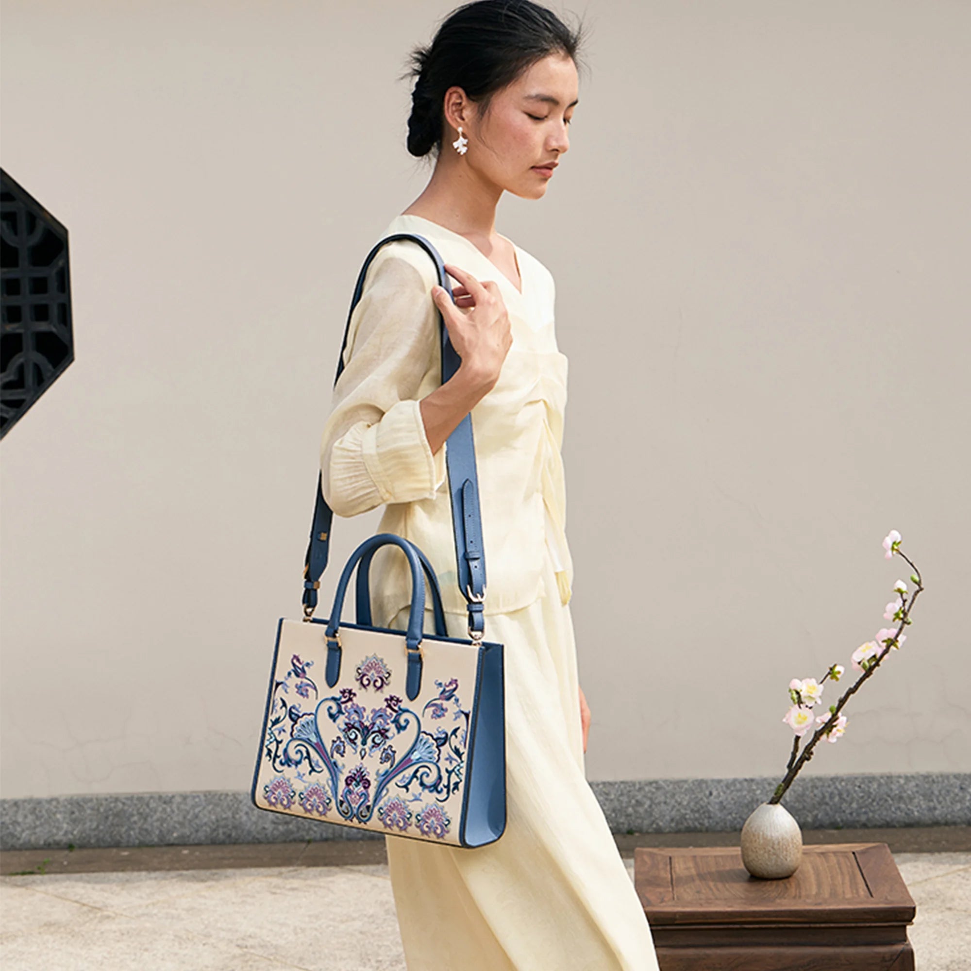 Heritage Baoxiang  Navy Leather Trim Embroidery Tote Bag