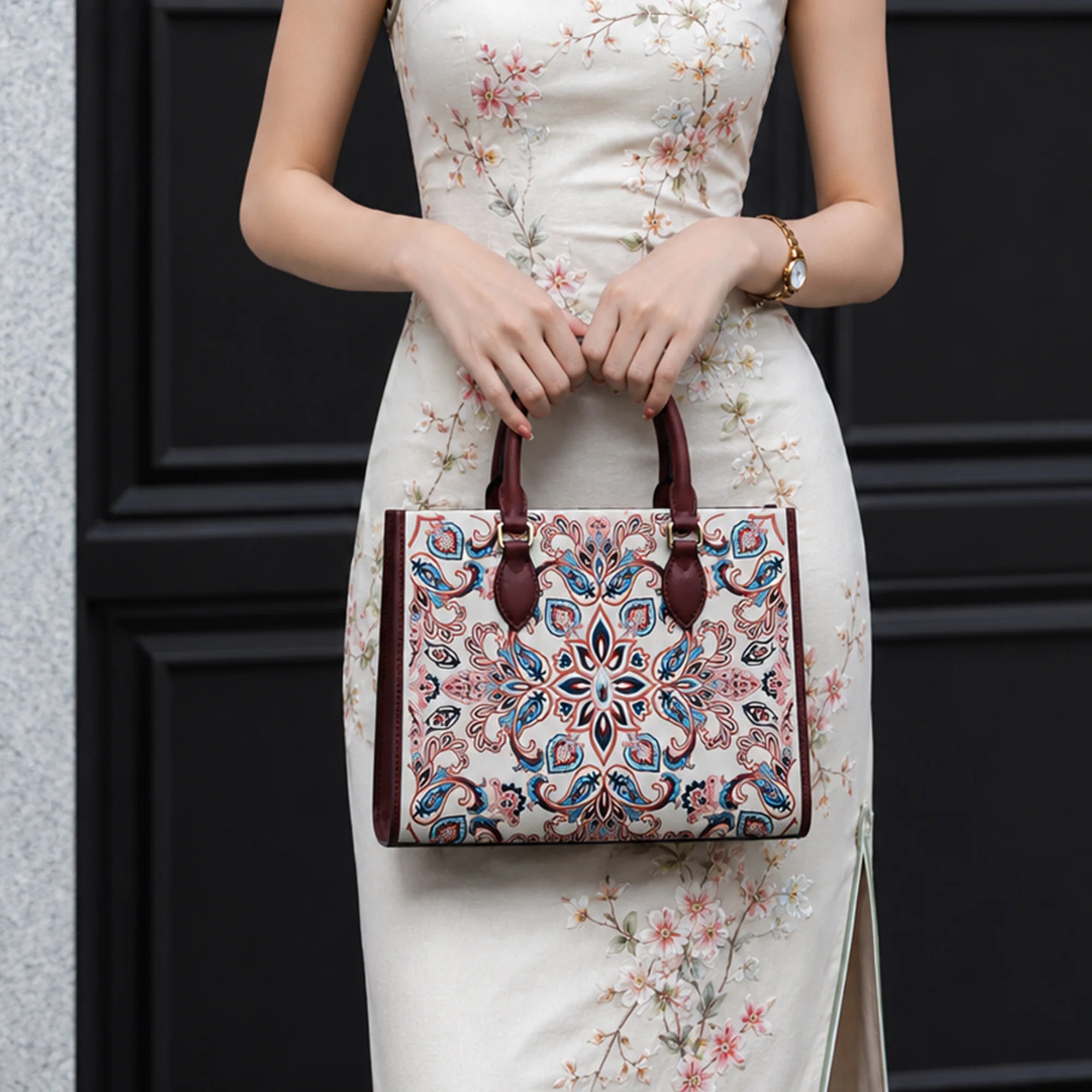 Heritage Baoxiang Flower Motif Su Embroidery Leather Tote Bag