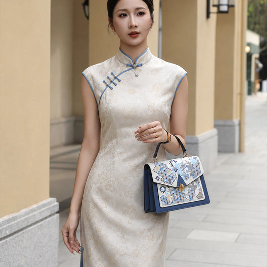 Luxury Heritage Geometric Motif Su Embroidery Leather Handbag