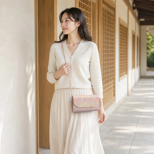 Luxury Handcrafted Chinese Song Brocade Blush Pink Crossbody Bag