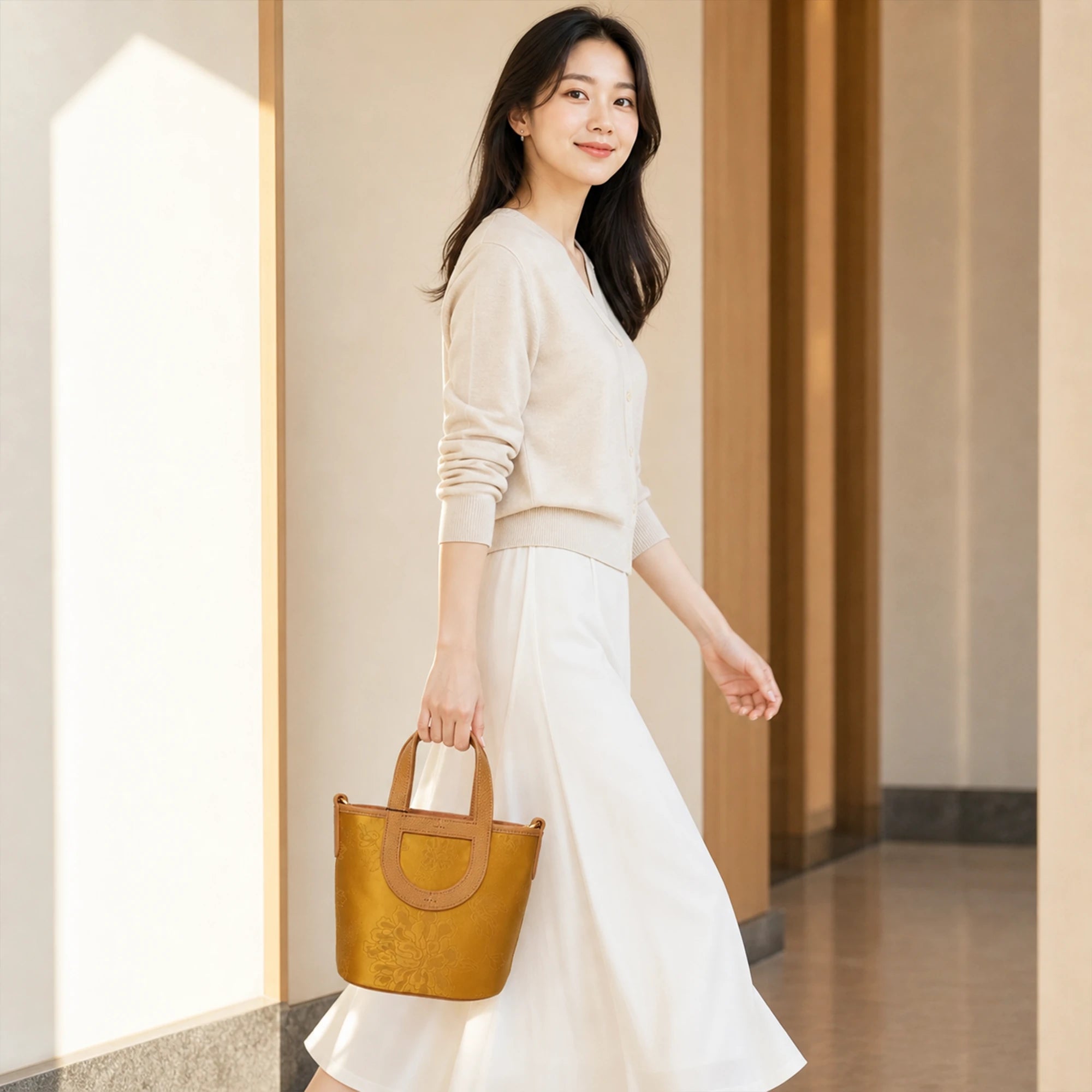 SinoCrafted golden silk Xiangyunsha peony handbag with genuine leather handles
