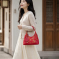 Load image into Gallery viewer, SinoCrafted red and gold Fu Lu gourd Song brocade handbag with genuine leather trim
