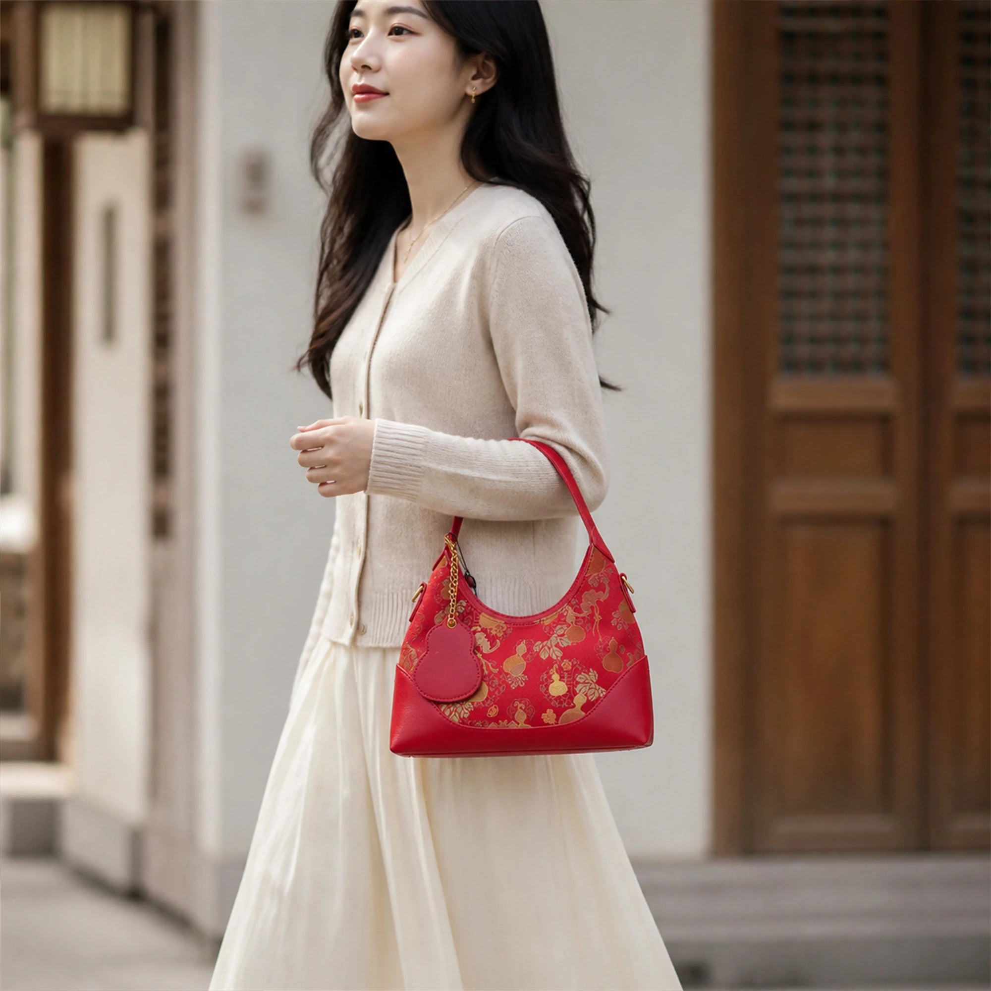 SinoCrafted red and gold Fu Lu gourd Song brocade handbag with genuine leather trim