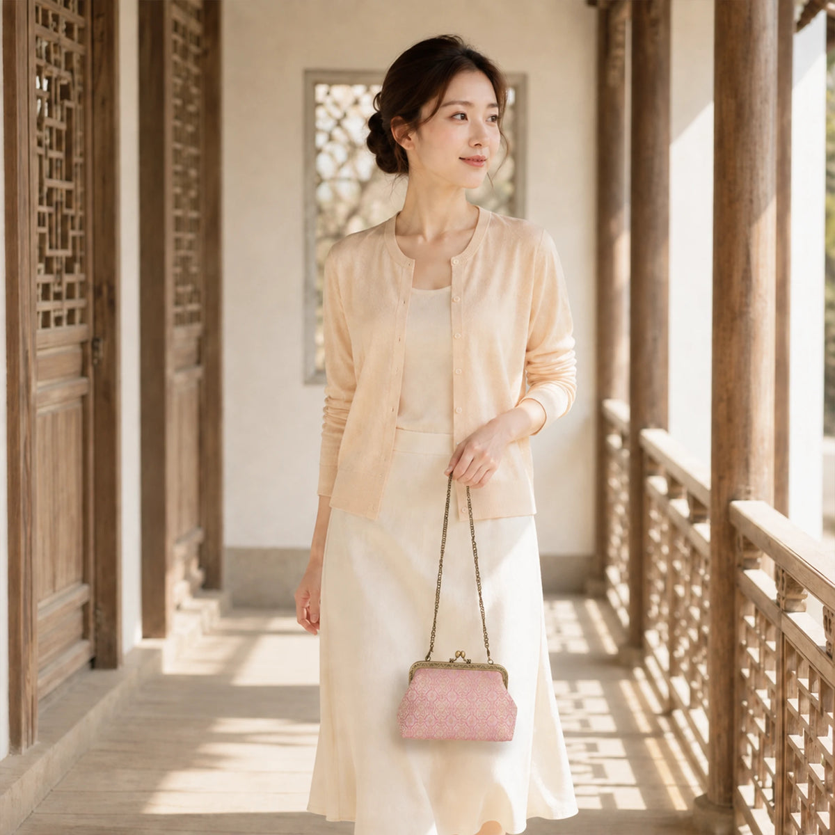 Luxury Chinese Pink Song Brocade Silk Frame Handbag with Dingsheng Motif