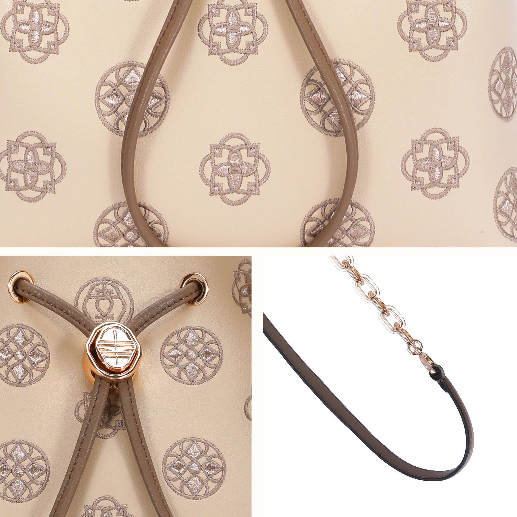 Three-panel close-up detail picture of beige genuine leather bucket bag, showcasing exquisite traditional treasure chest Suzhou embroidery texture, vintage Chinese-style round drawstring metal clasp, and mixed gold chain with leather crossbody shoulder strap, presenting fine workmanship and accessory details
