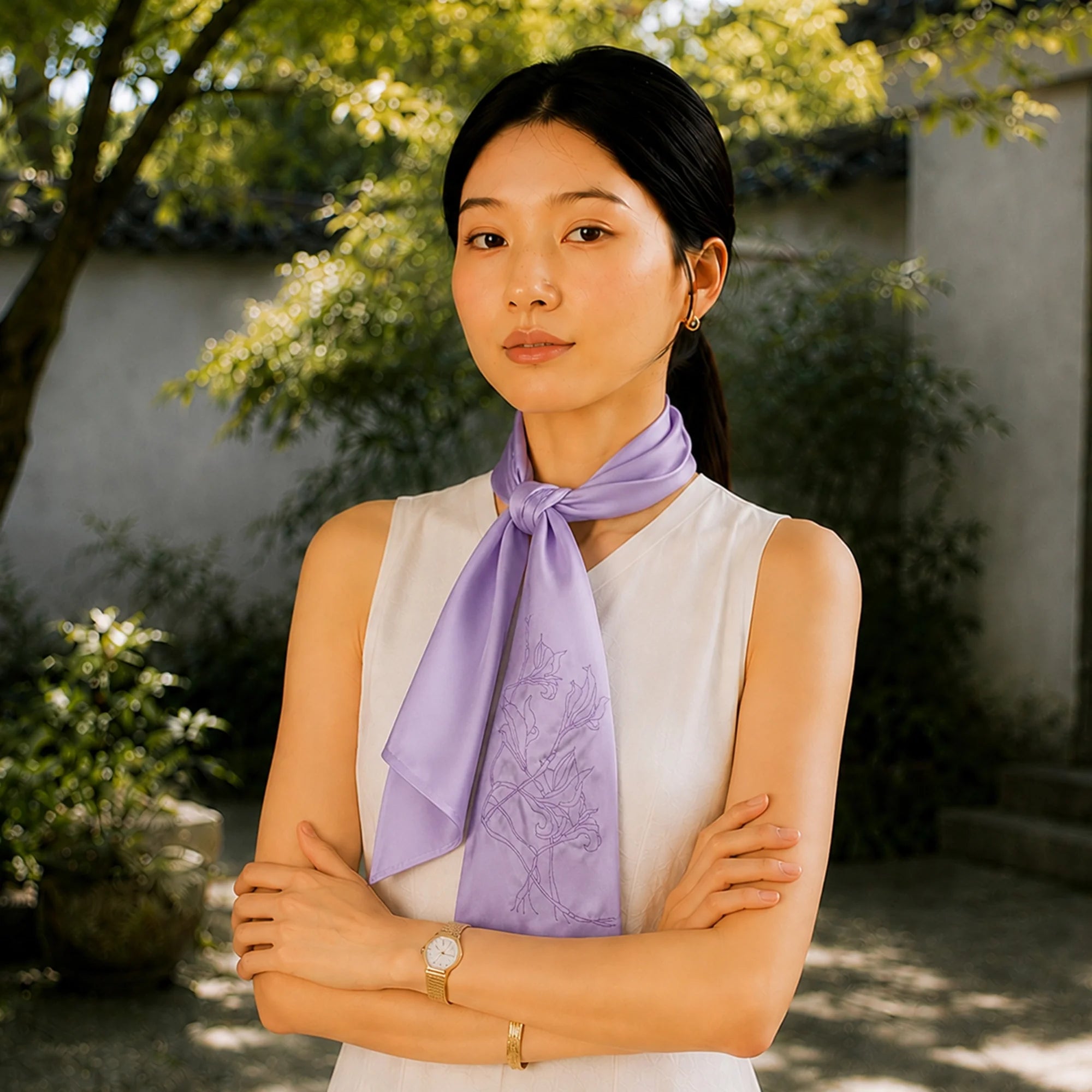 Heritage Magnolia Motif Mulberry Silk Scarf — "Jade Bloom"