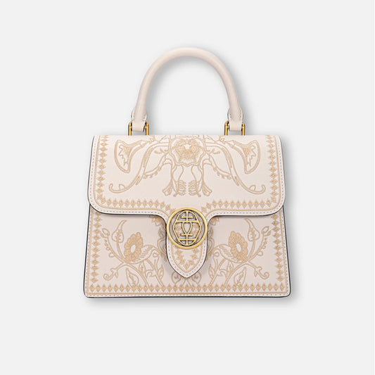 Luxury Handmade Suzhou Embroidered Leather Handbag, New Chinese Style Top Handle Satchel Bag with Traditional Chinese Pattern and Vintage Gold Hardware