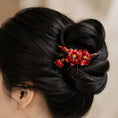 Load image into Gallery viewer, Heritage Ronghua Red Plum Comb Hair Pin Handcrafted Silk Blossom on Wooden Hair Stick

