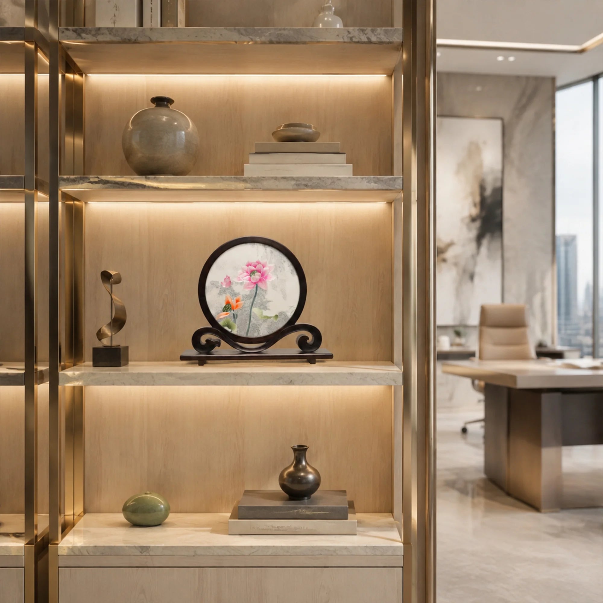 Lotus embroidery ornament displayed on a wooden desk with books, an inkstone, and a bonsai in a softly lit scholar's room