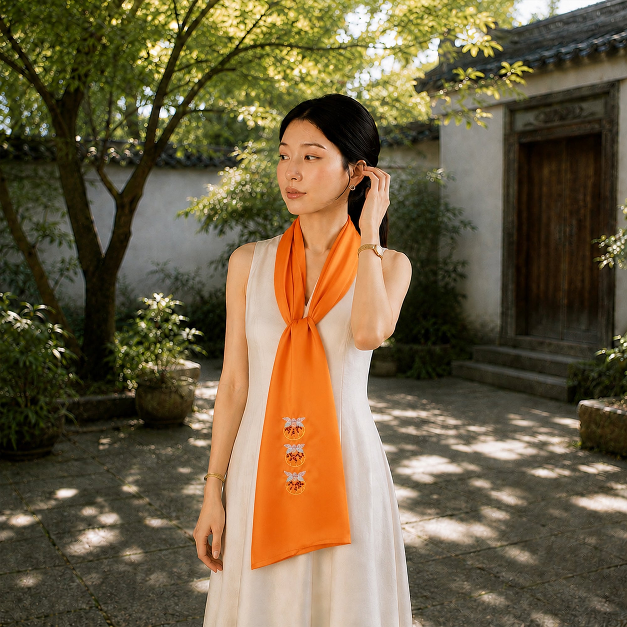 Luxury Handcrafted Suzhou Embroidery Mulberry Silk Scarf—Orange Pomegranate Motif
