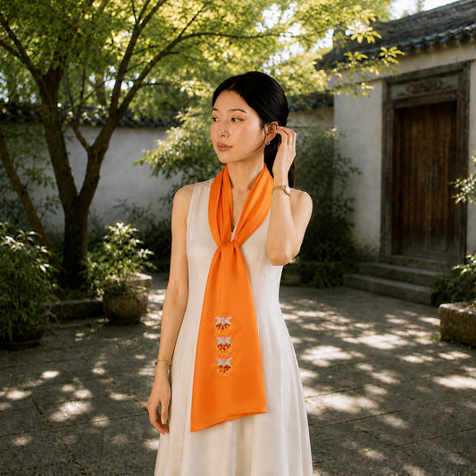 Heritage Persimmon Motif Su Embroidery Mulberry Silk Scarf — "Sweet Fortune"