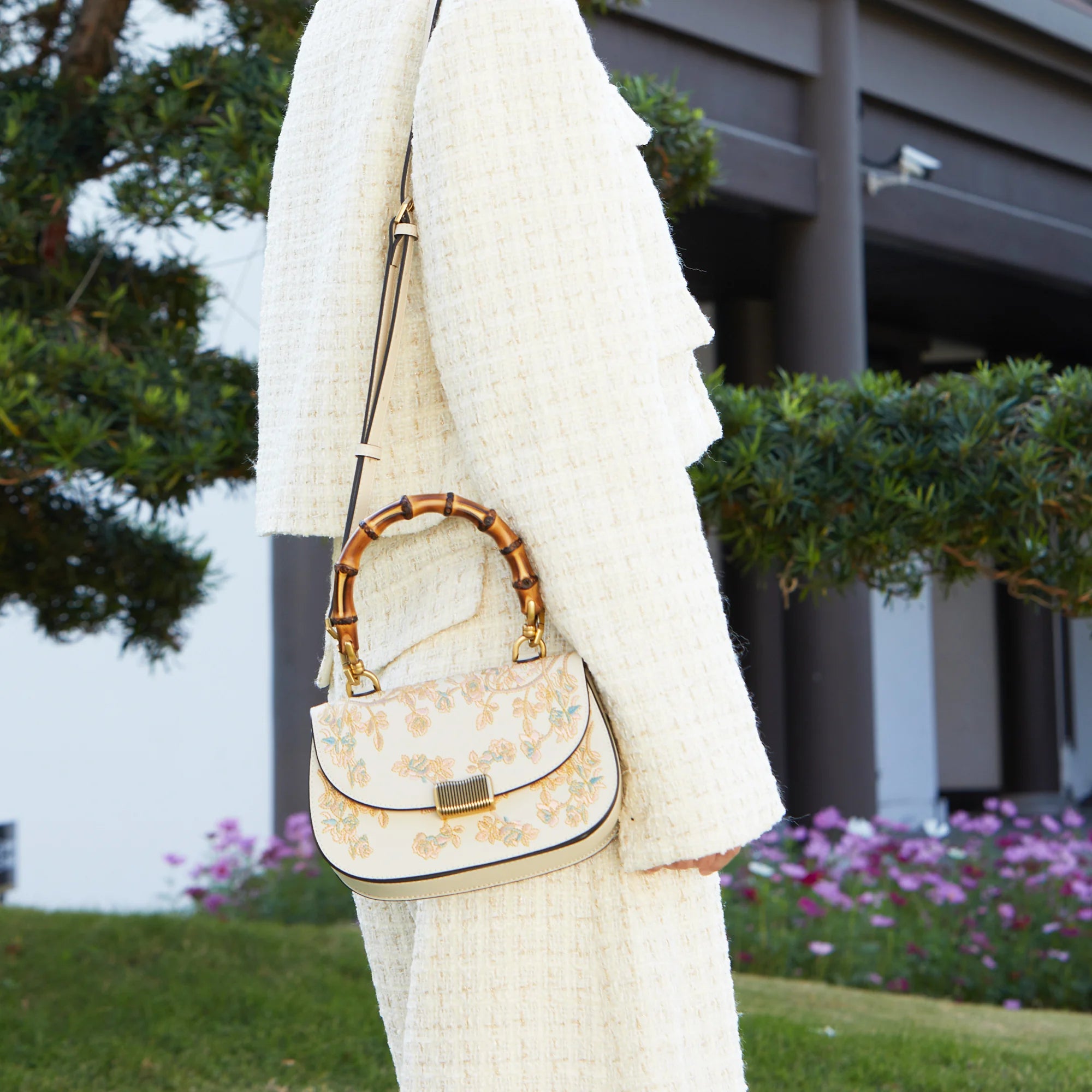 Heritage Floral Embroidery Saddle Bag with Bamboo Handle