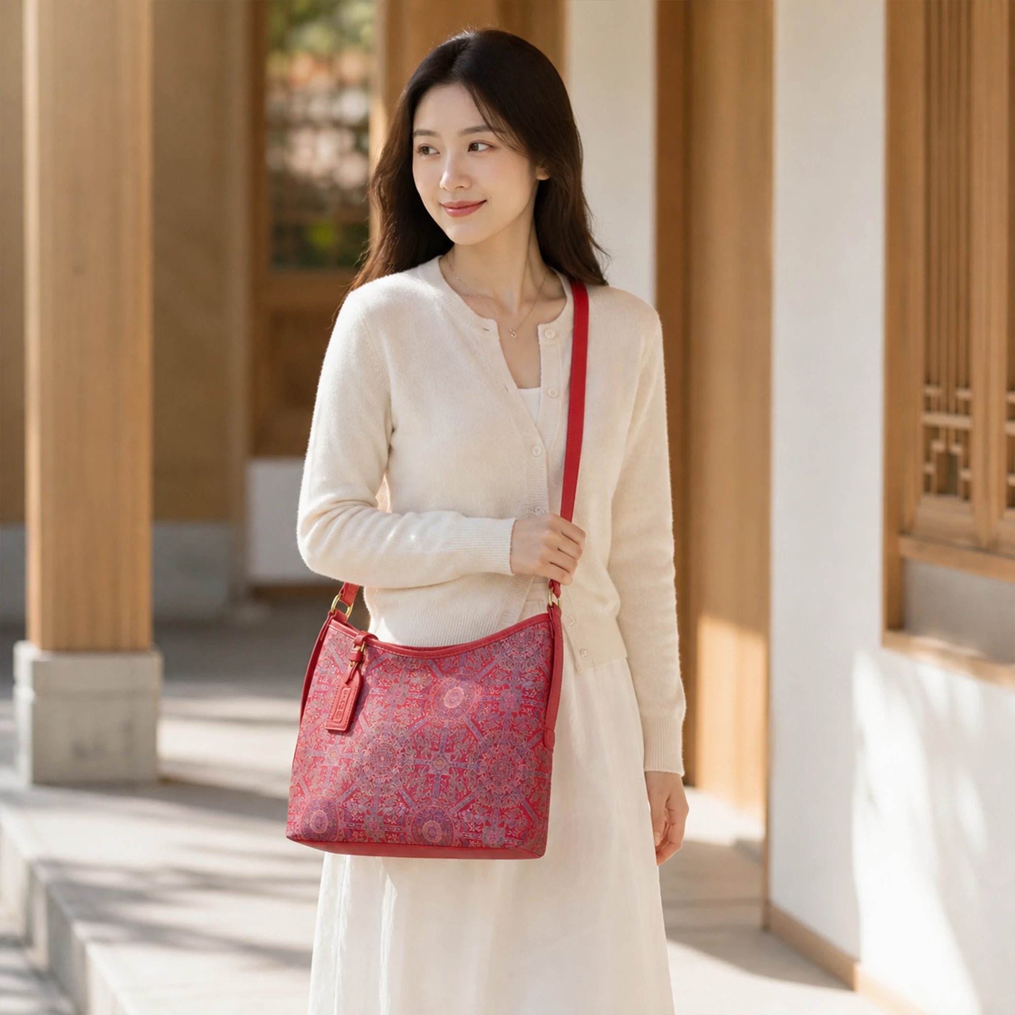 SinoCrafted red Bada Halo Song brocade shoulder bag with genuine leather trim and strap