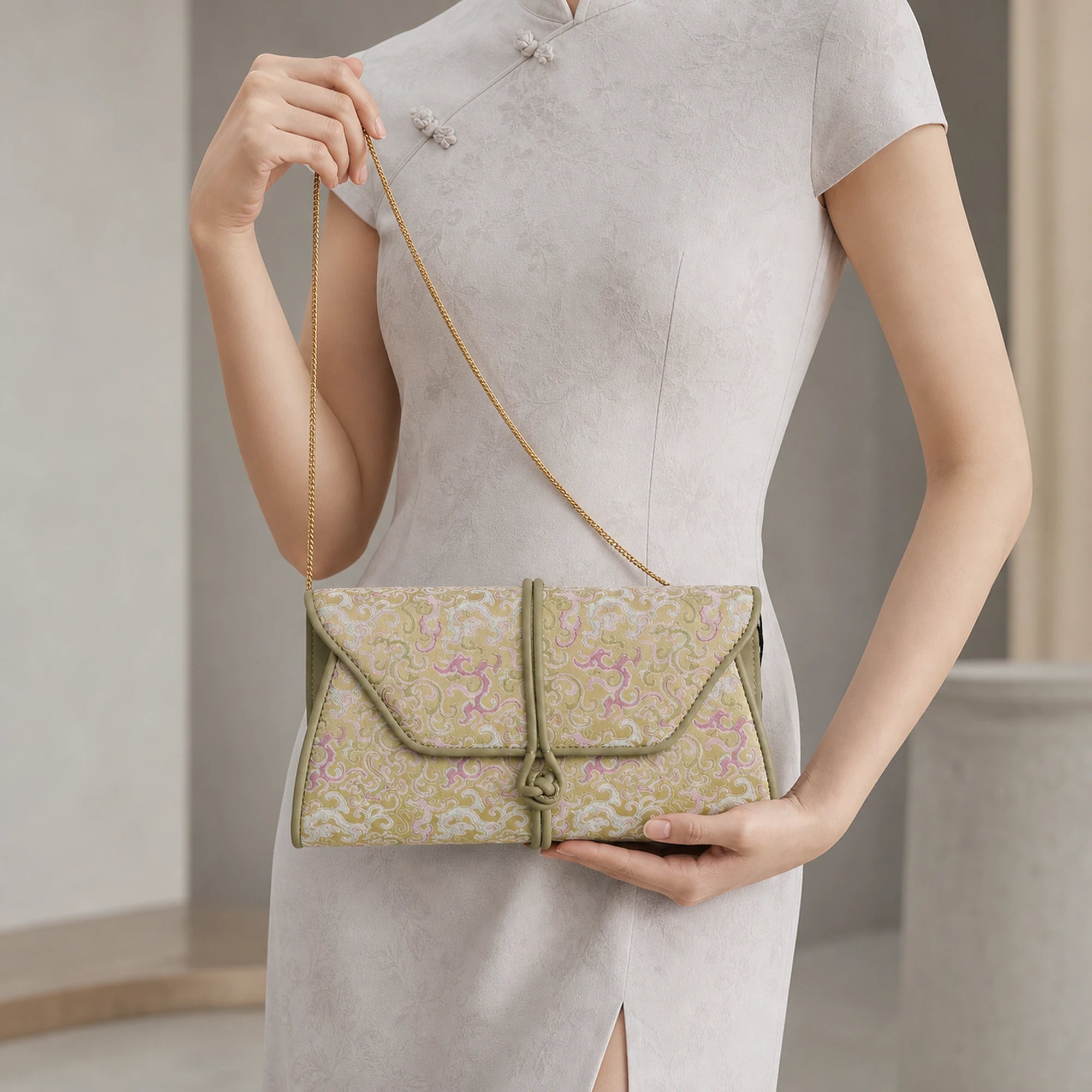 Chinoiserie Luxury Song Brocade Scrolling Vine Kui Dragon Leather Clutch Bag
