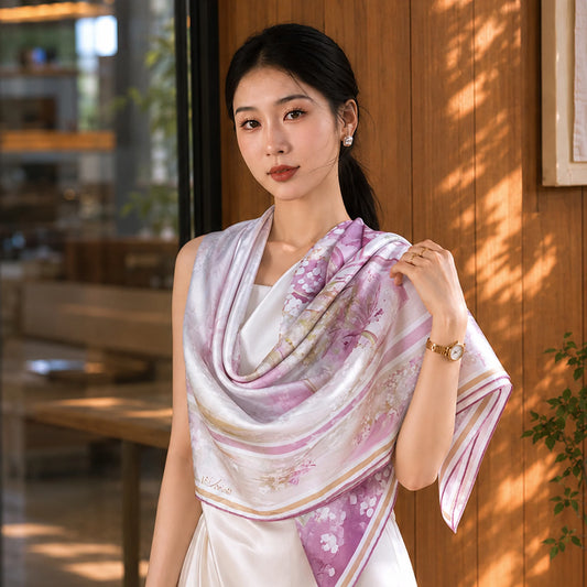 Luxury  Mulberry Silk Double-Sided Hua Luo Square Scarf