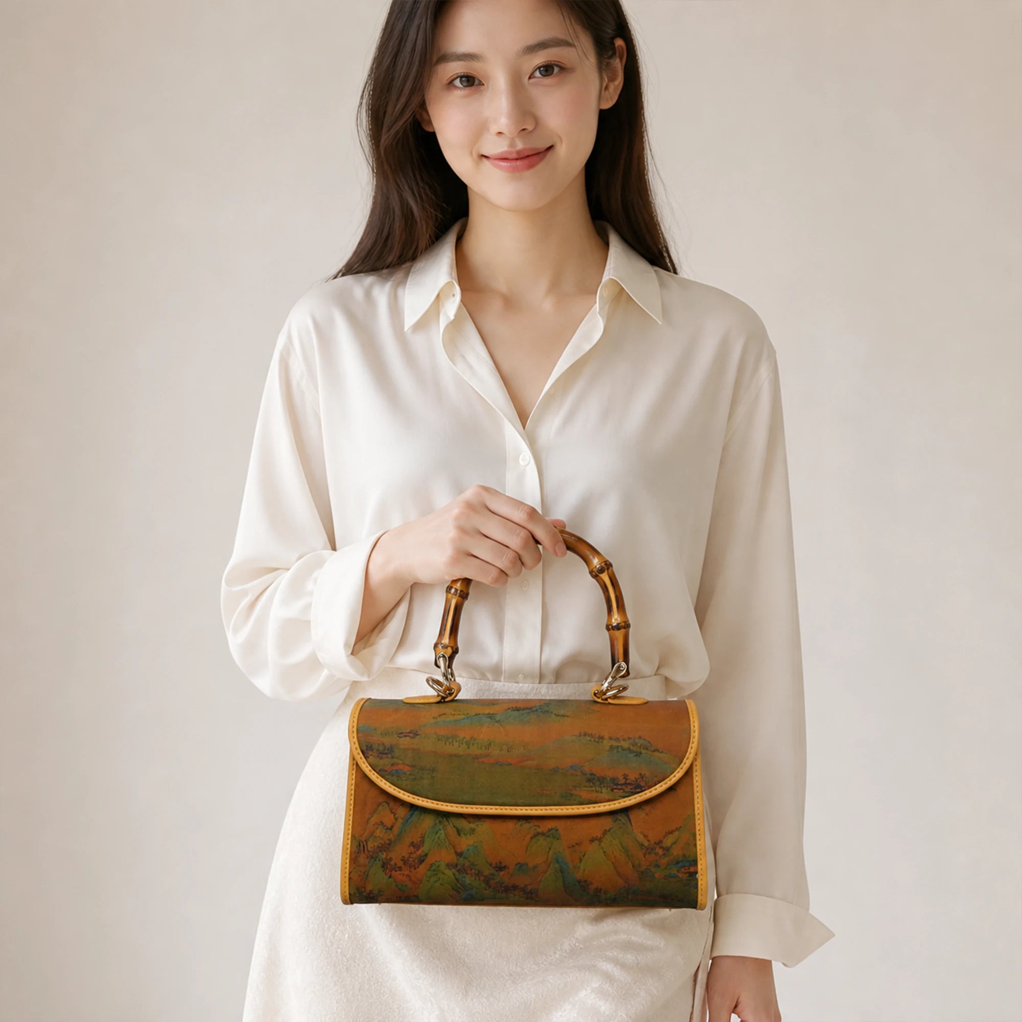 Luxury Chinese Qianli Jiangshan Xiangyun Silk Bamboo Handle Crossbody Bag
