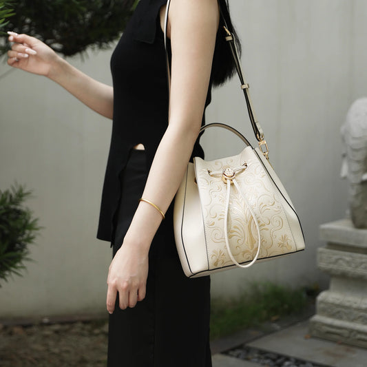 Heritage Gold Filigree Motif Scroll Embroidery Leather  Bucket Bag