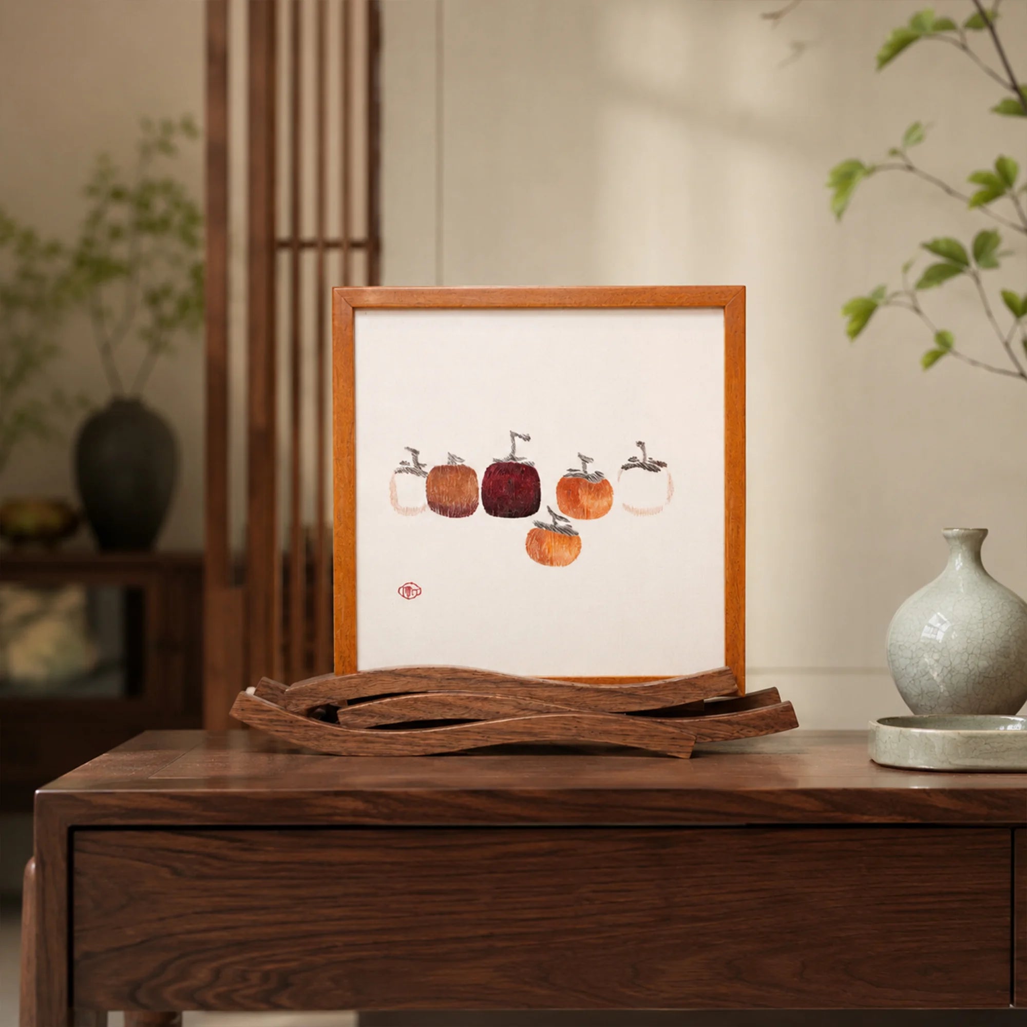 Museum-Quality Handcrafted Silk Suzhou Double-Sided Embroidery Ornament — Moonrise Over the Sea: Six Persimmons