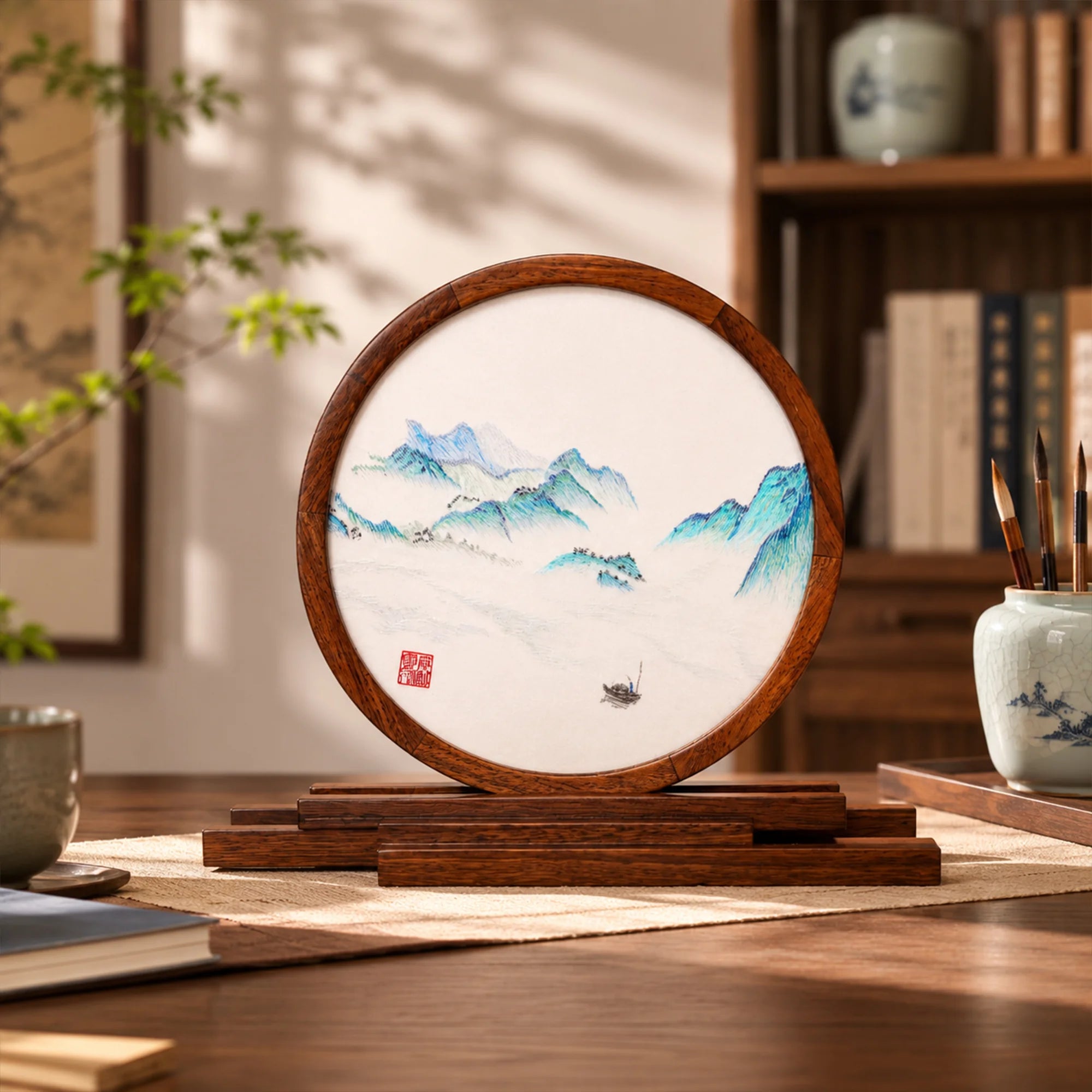 Museum-Quality Handcrafted Silk Suzhou Double-Sided Embroidery Ornament — Moonrise Over the Sea: A Thousand Miles of Rivers and Mountains