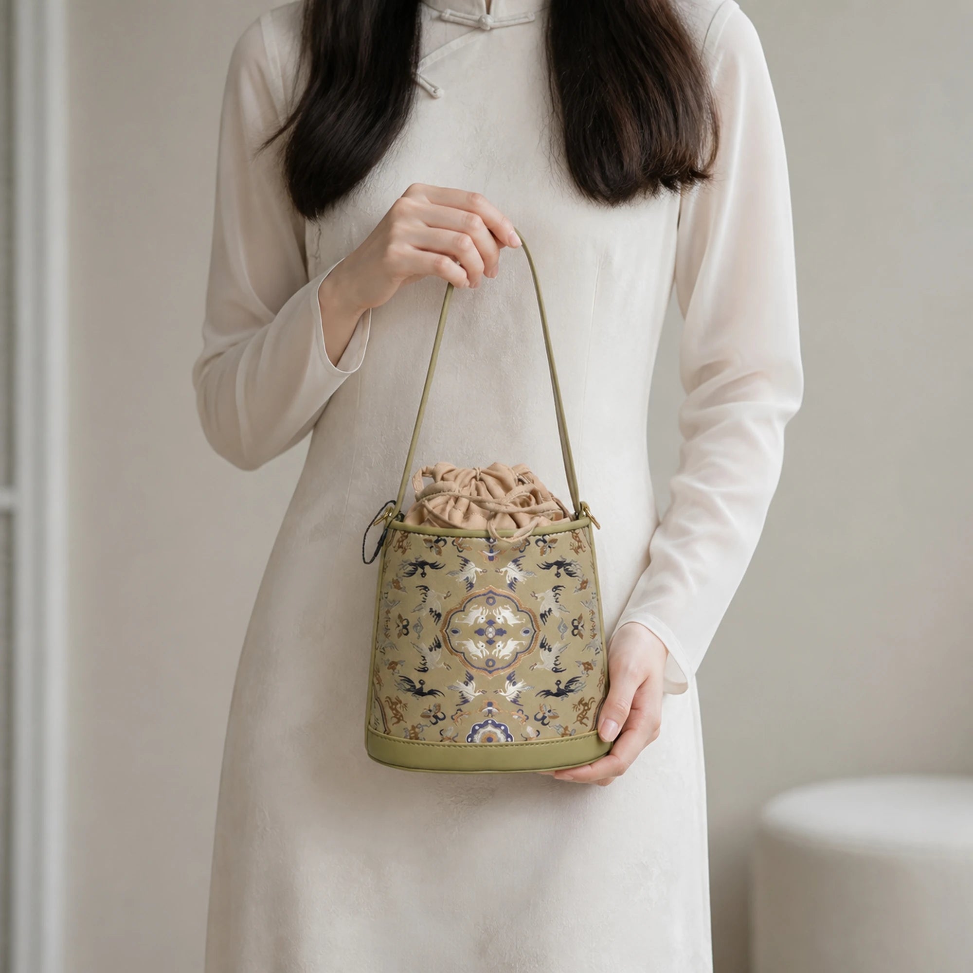 SinoCrafted Crane and Deer Song brocade bucket bag in mulberry silk with genuine leather trim