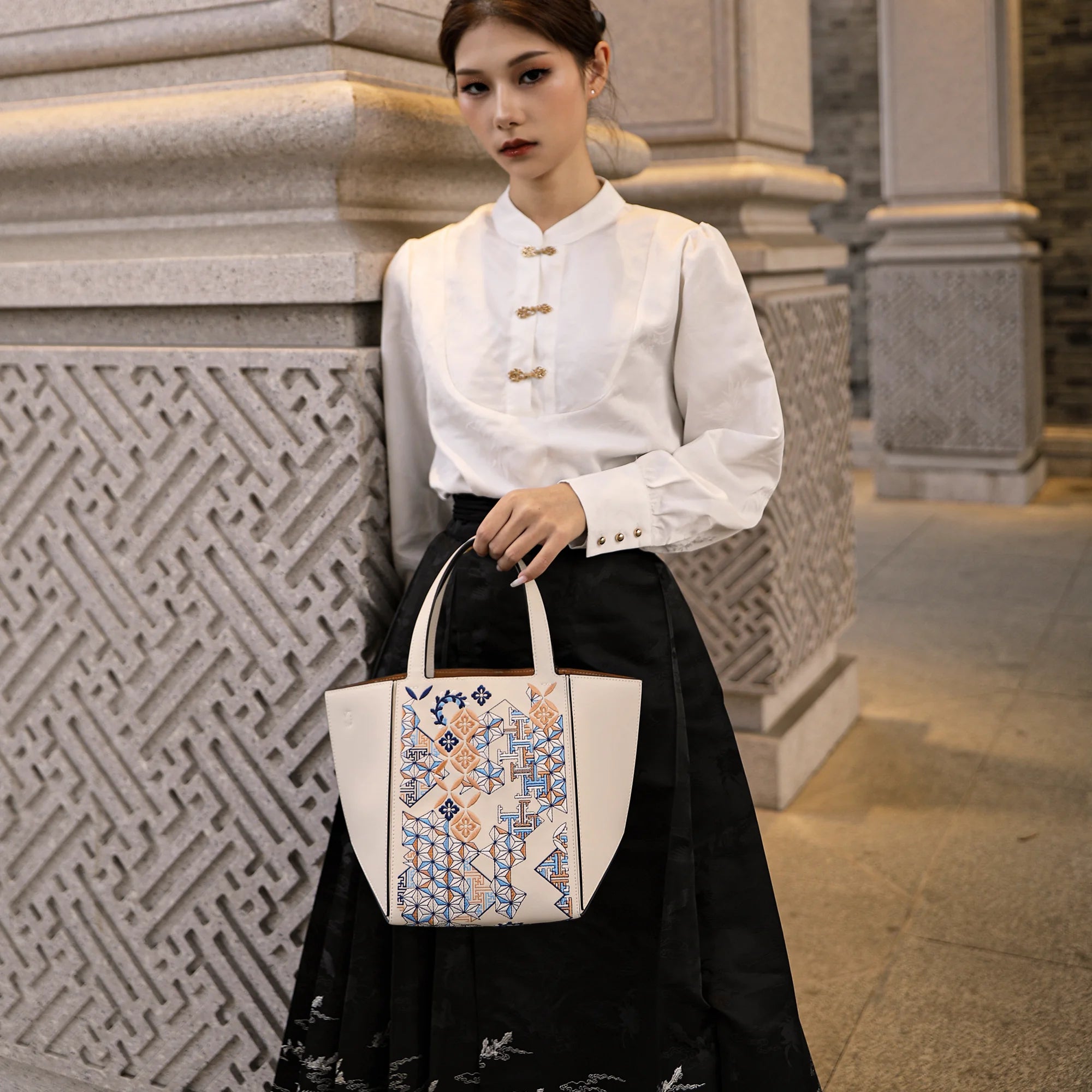 Architectural Geometric Embroidered Genuine Leather Tote Bag