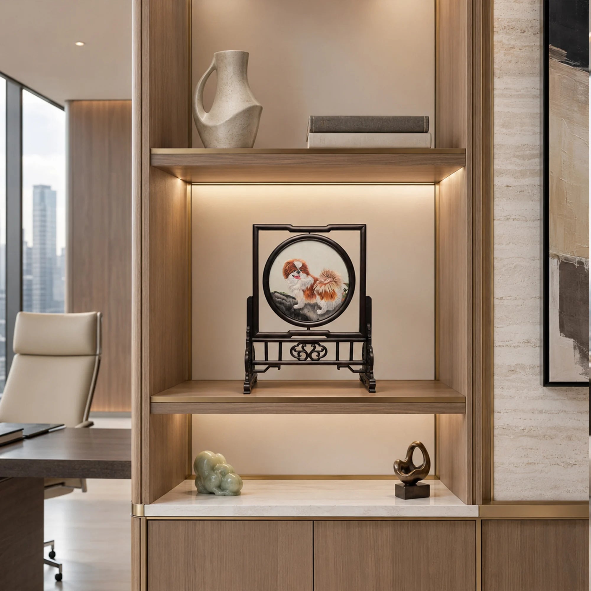 Double-sided embroidery of a brown and white Pekingese dog standing on a rock in a circular frame within a rectangular hardwood screen stand