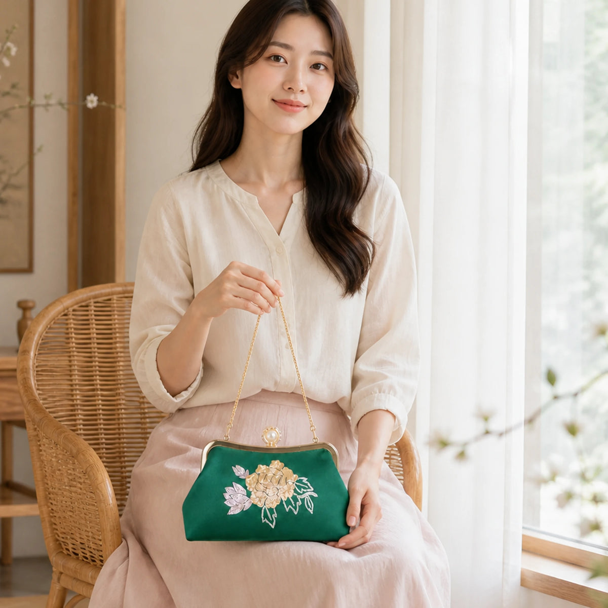 Chinoiserie Luxury Green Suzhou Embroidery Floral Mulberry Silk Frame Handbag