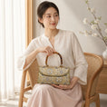 Cargar la imagen en la vista de la galería, SinoCrafted green Crane and Deer Song brocade handbag with genuine leather trim and natural bamboo handle
